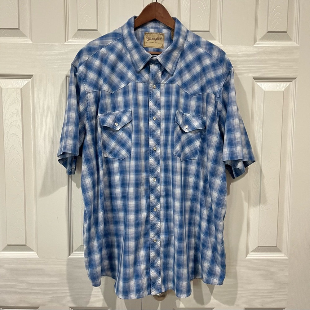 Vintage Wrangler Shirt Mens 3XL Western Pearl Snap Plaid Blue White